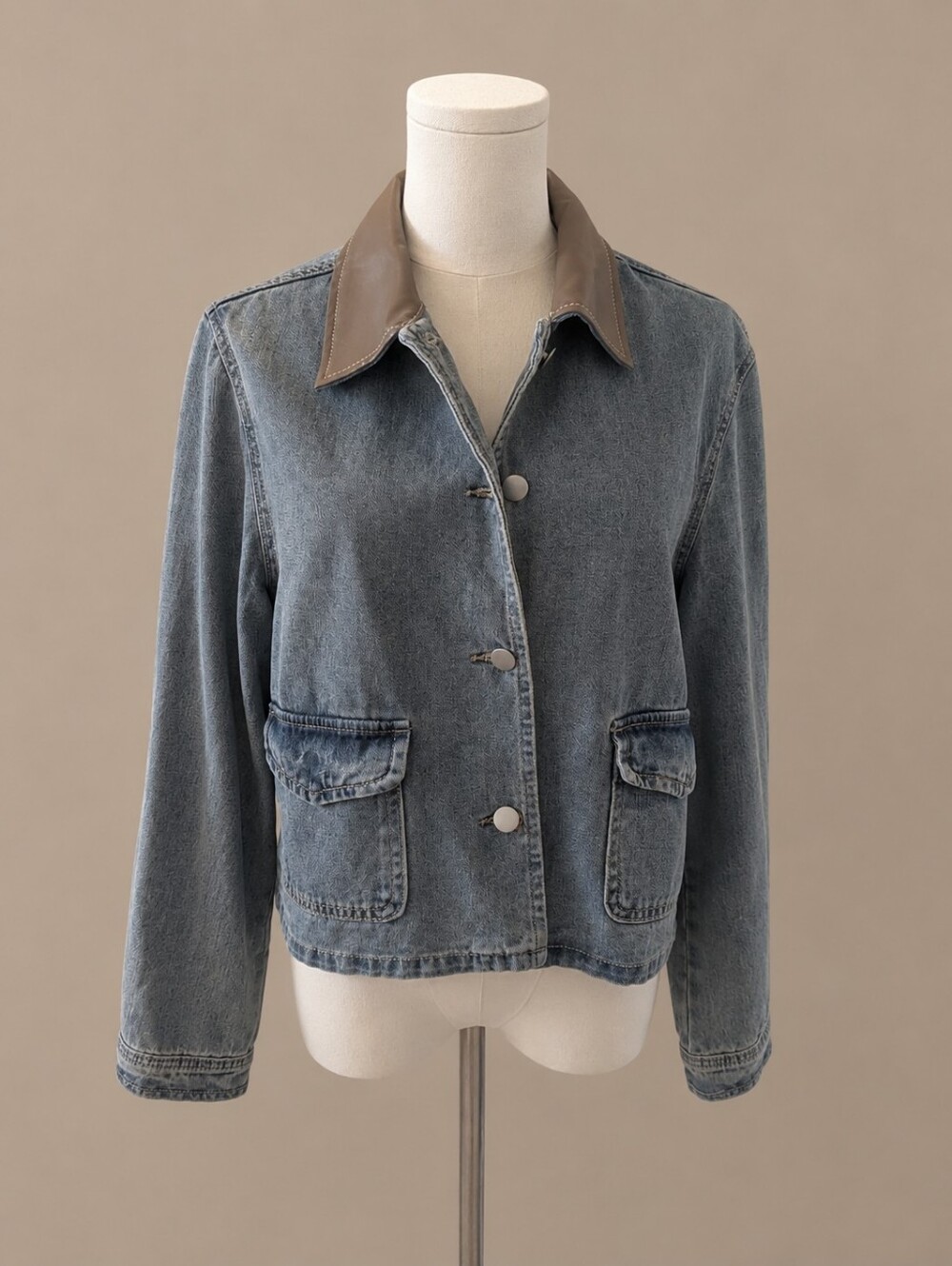Light Blue Denim Jacket with Brown Leather-Look Collar